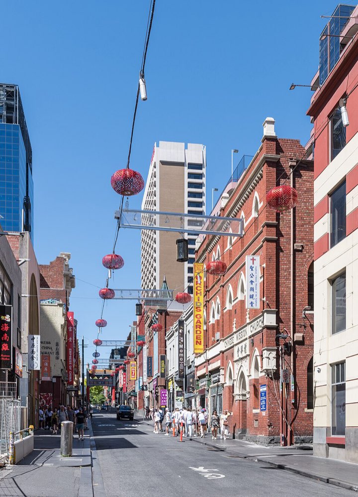 Red lanterns above Little Bourke Street in Melbourne's Chinatown