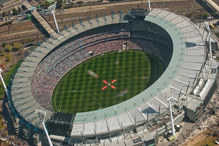 Aerial view of a packed Melbourne Cricket Ground