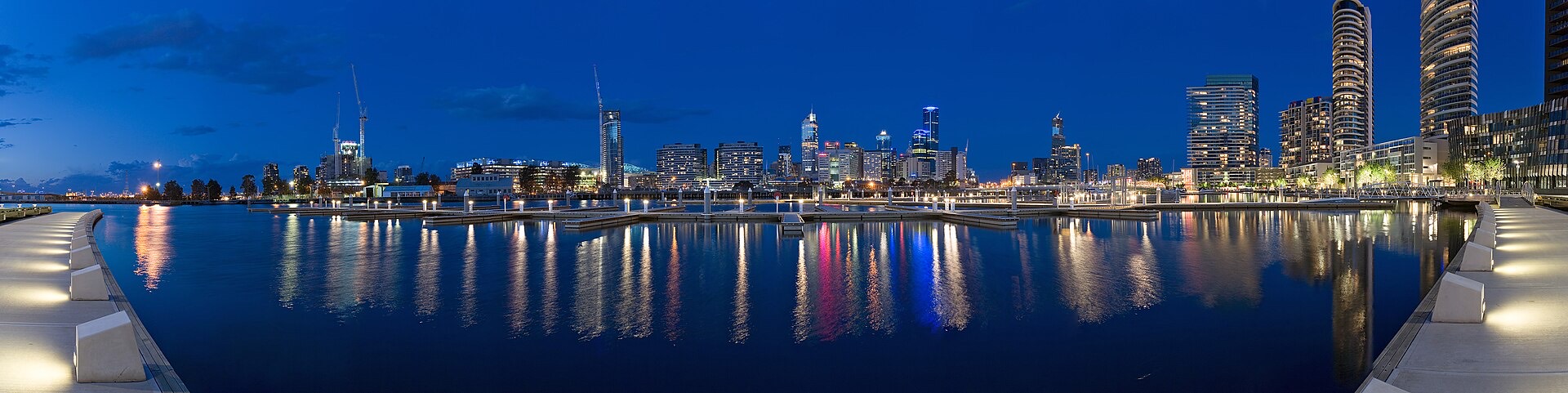 Panorama of the Melbourne skyline from Yarra's Edge, Docklands, at twilight