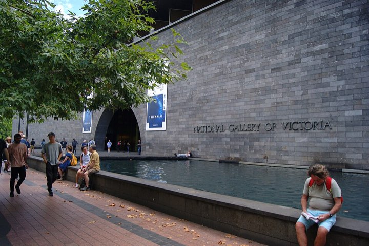 The bluestone facade and moat of the National Gallery of Victoria