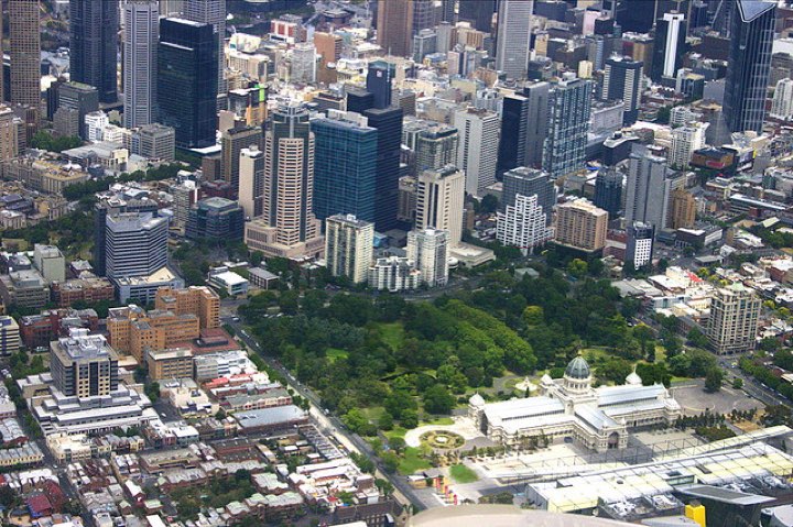 Aerial view of the Royal Exhibition Building and Carlton Gardens