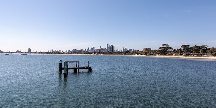 St Kilda beach with the Melbourne skyline in the distance